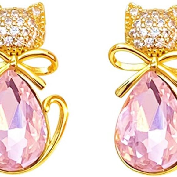 Elegant Pink Cubic Zirconia Cat Earrings for Women - Hypoallergenic Sterling Sil - Picture 1 of 6